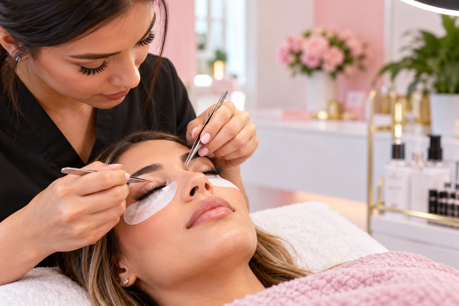 Lash technician applying eyelash extensions to a client in a beauty studio